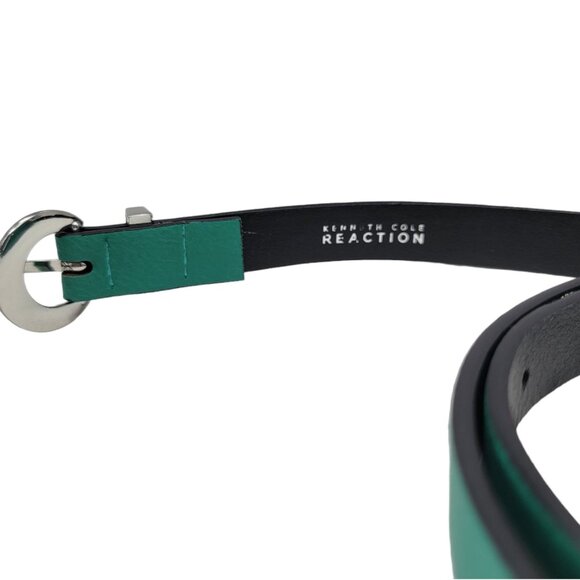 Kenneth Cole Reaction Green Leather Skinny Belt With Silver Enamel Buckle Fits 3 - Picture 5 of 7